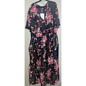 NEW BloomChic Black Pink Floral Dress Belted Short Sleeve 18-20 Prom Fancy Event